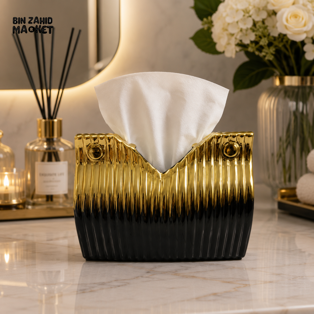 CERALUXE LUXURY SCALLOPED CERAMIC TISSUE BOX HOLDER - BLACK&GGOLDEN