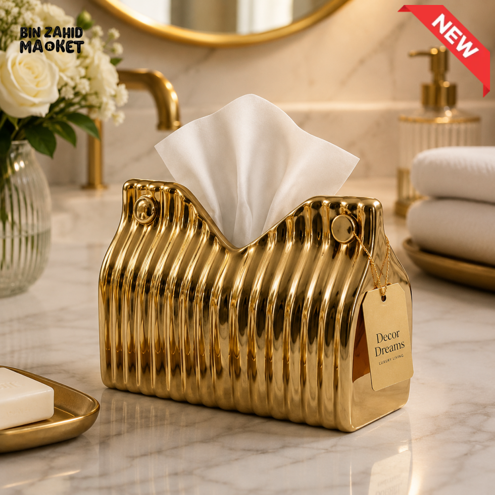 CERAMIC LUXURY SCALLOPED CERAMIC TISSUE BOX HOLDER - GOLD