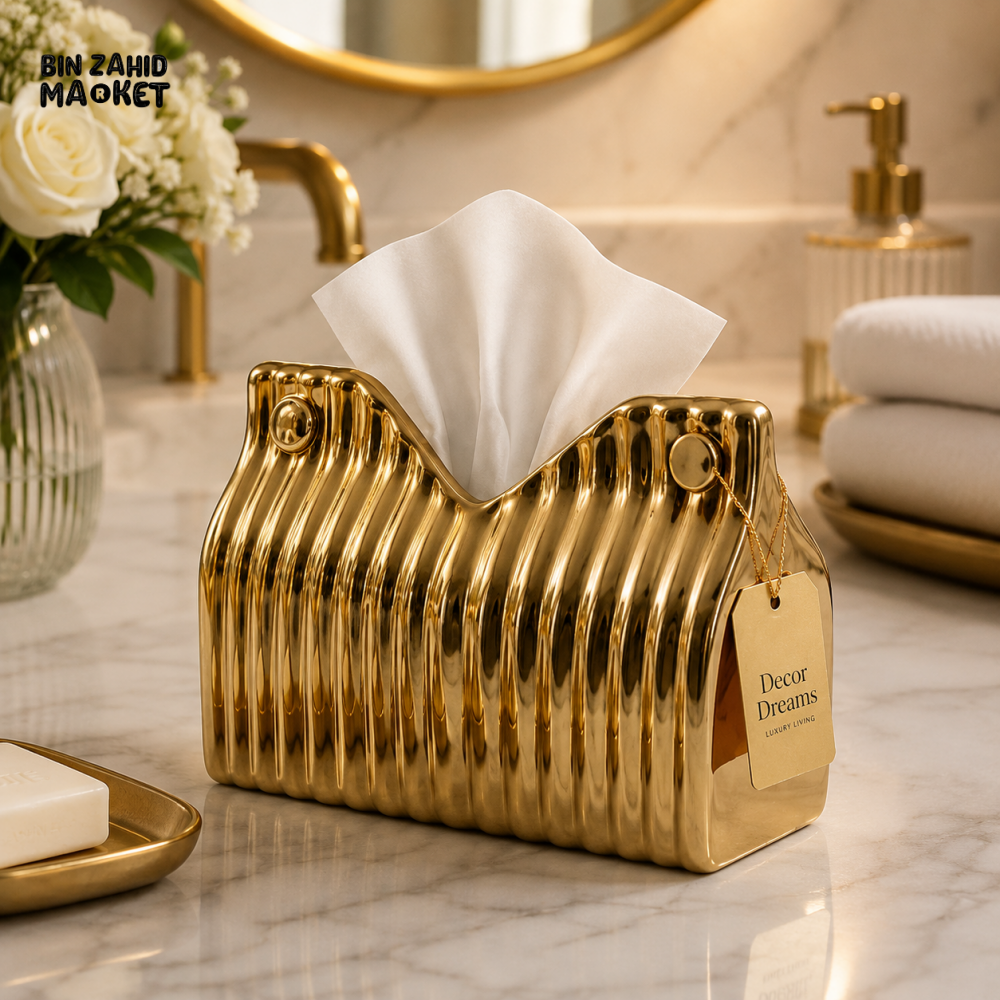 CERAMIC LUXURY SCALLOPED CERAMIC TISSUE BOX HOLDER - GOLD