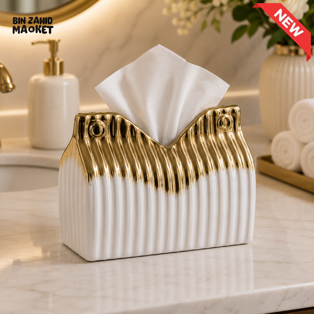 CERAMIC LUXURY SCALLOPED CERAMIC TISSUE BOX HOLDER - GOLD&WHITE