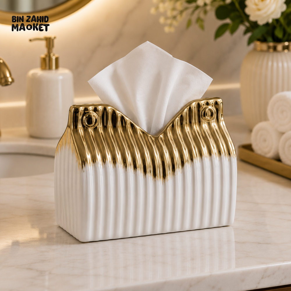 CERAMIC LUXURY SCALLOPED CERAMIC TISSUE BOX HOLDER - GOLD&WHITE