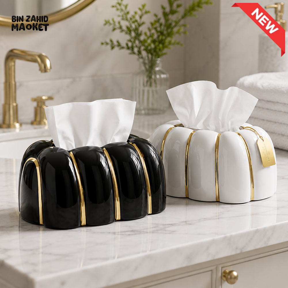 LUXURY RIBBED TISSUE BOX HOLDER SET - BLACK & WHITE