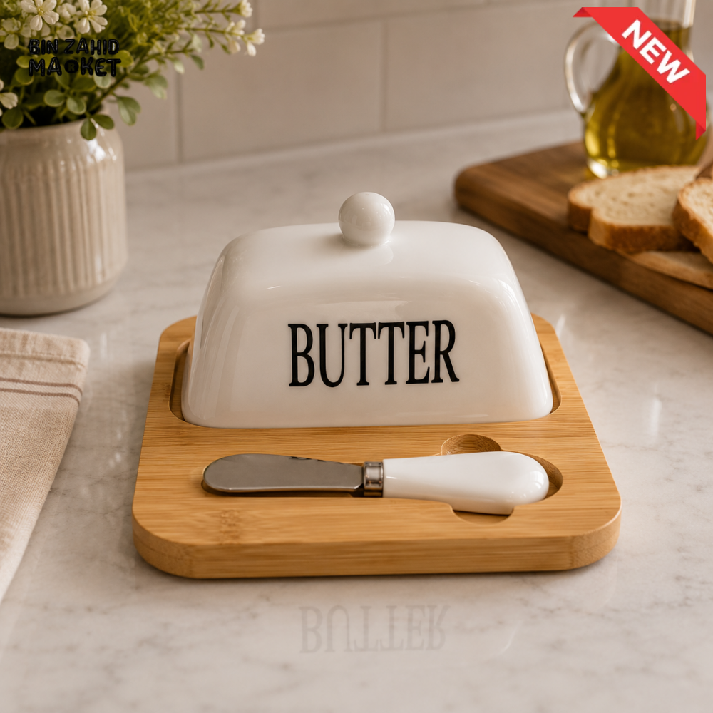 CERAMIC BUTTER DISH WITH BAMBOO BASE