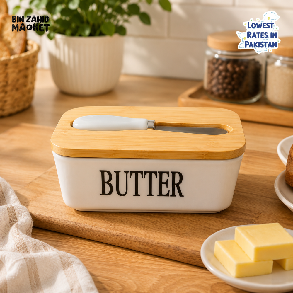 CERAMIC BUTTER DISH WITH BAMBOO LID & KNIFE - SQUARE
