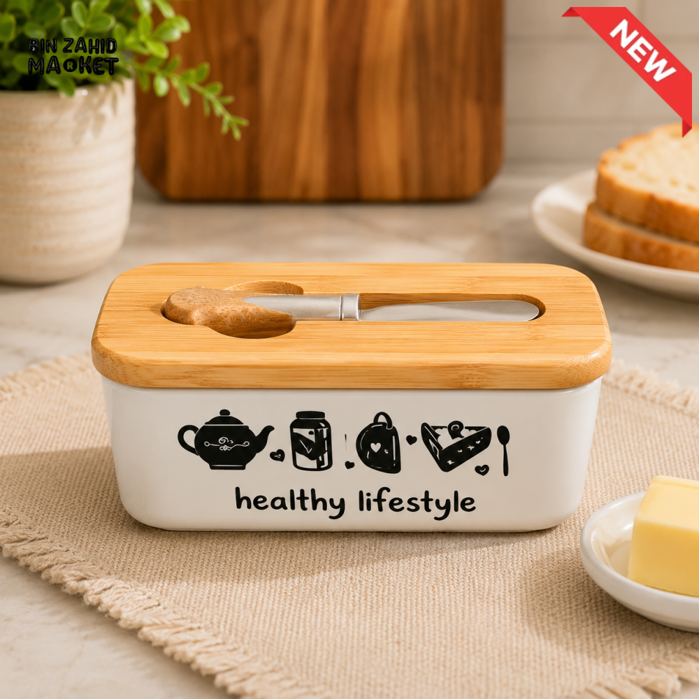 CERAMIC BUTTER DISH WITH BAMBOO LID & SPREADER