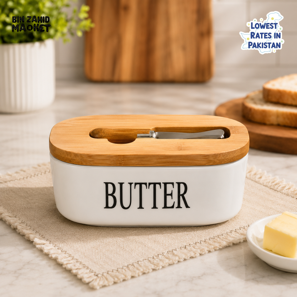CERAMIC BUTTER DISH WITH BAMBOO LID & SPREADER - RECTANGULAR OVAL