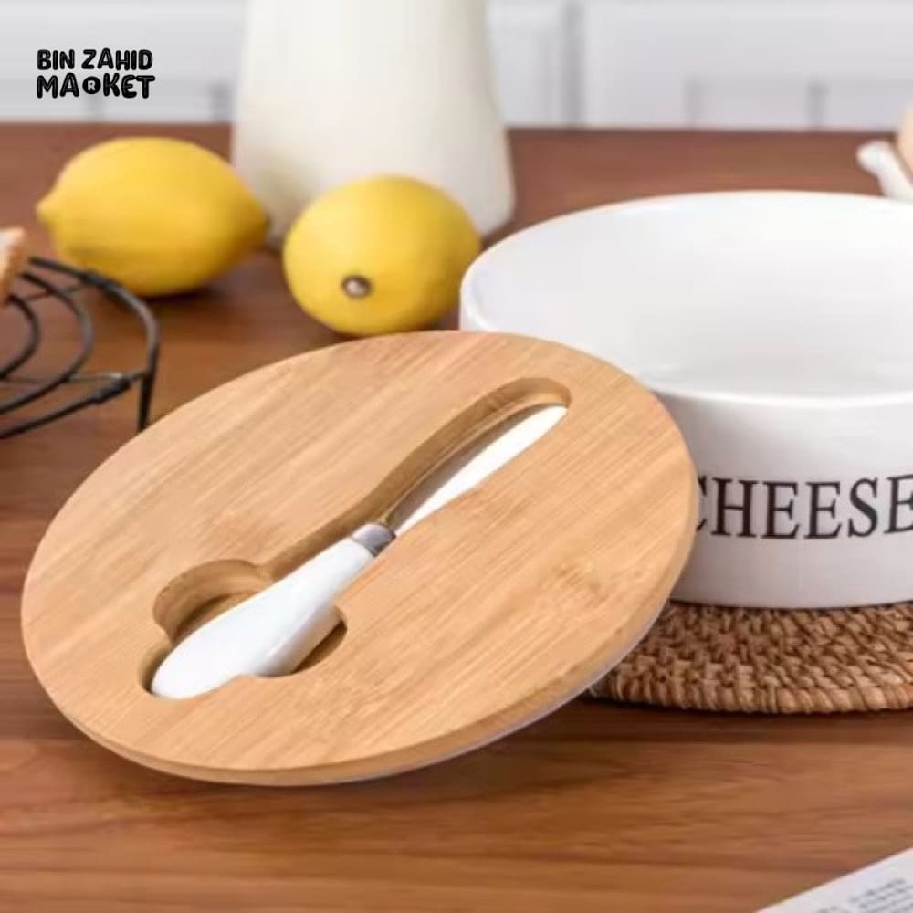 CERAMIC CHEESE STORAGE BOX WITH LID AND KNIVES SET BUTTER PLATE AND CHEESE SEALING TRAY CONTAINER
