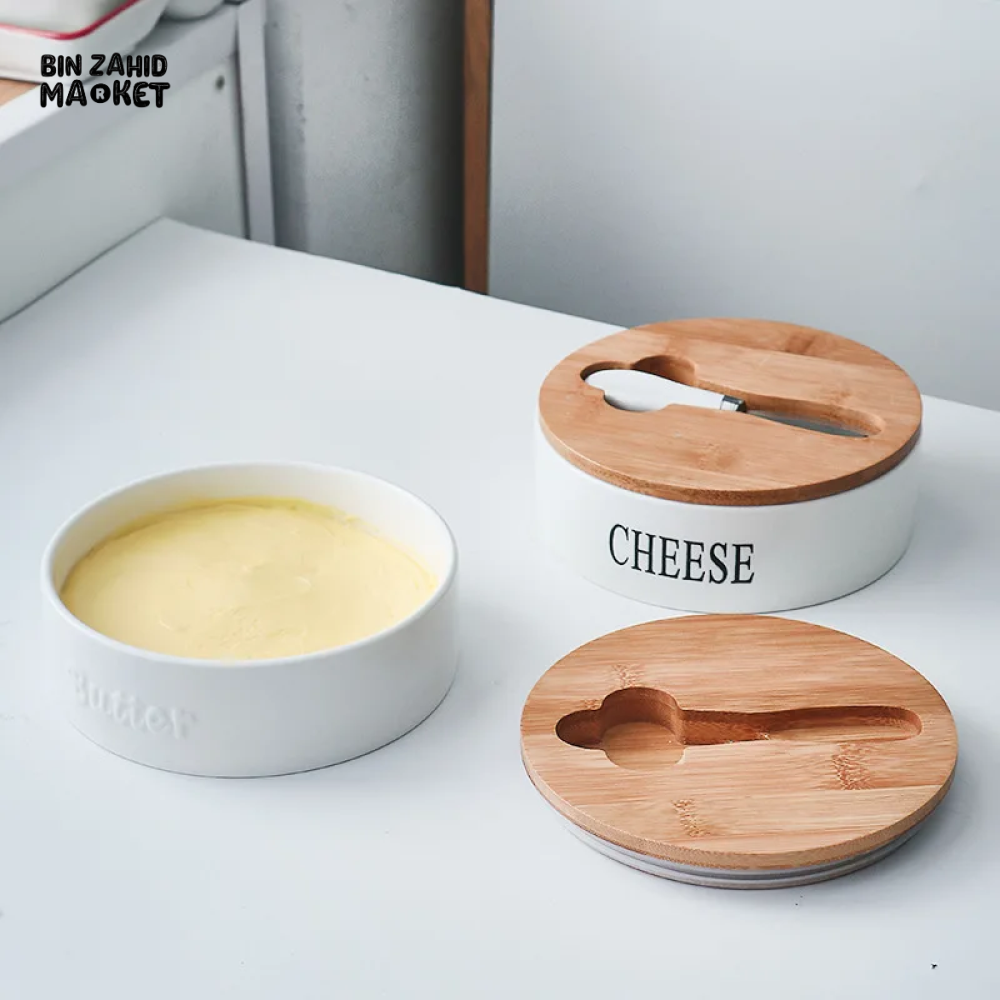 CERAMIC CHEESE STORAGE BOX WITH LID AND KNIVES SET BUTTER PLATE AND CHEESE SEALING TRAY CONTAINER