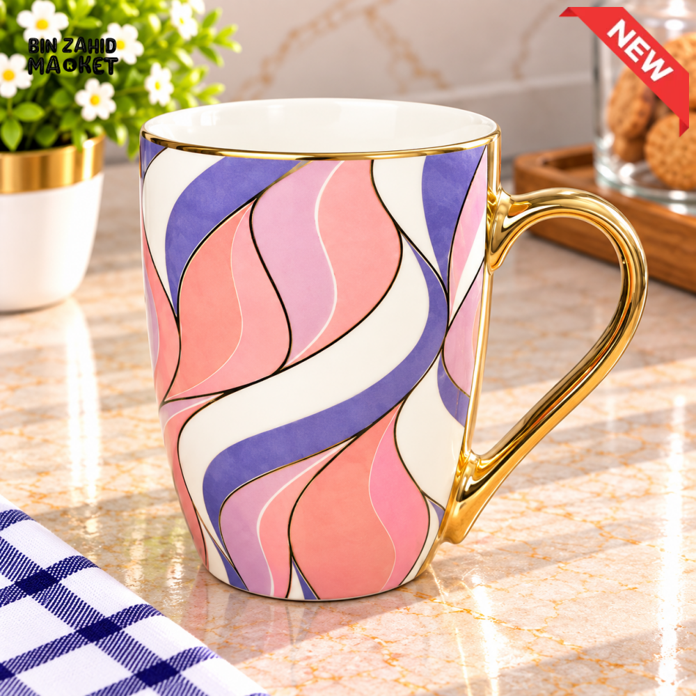CERAMIC COFFEE MUG WITH ABSTRACT WAVE DESIGN AND GOLD HANDLE - Mugs