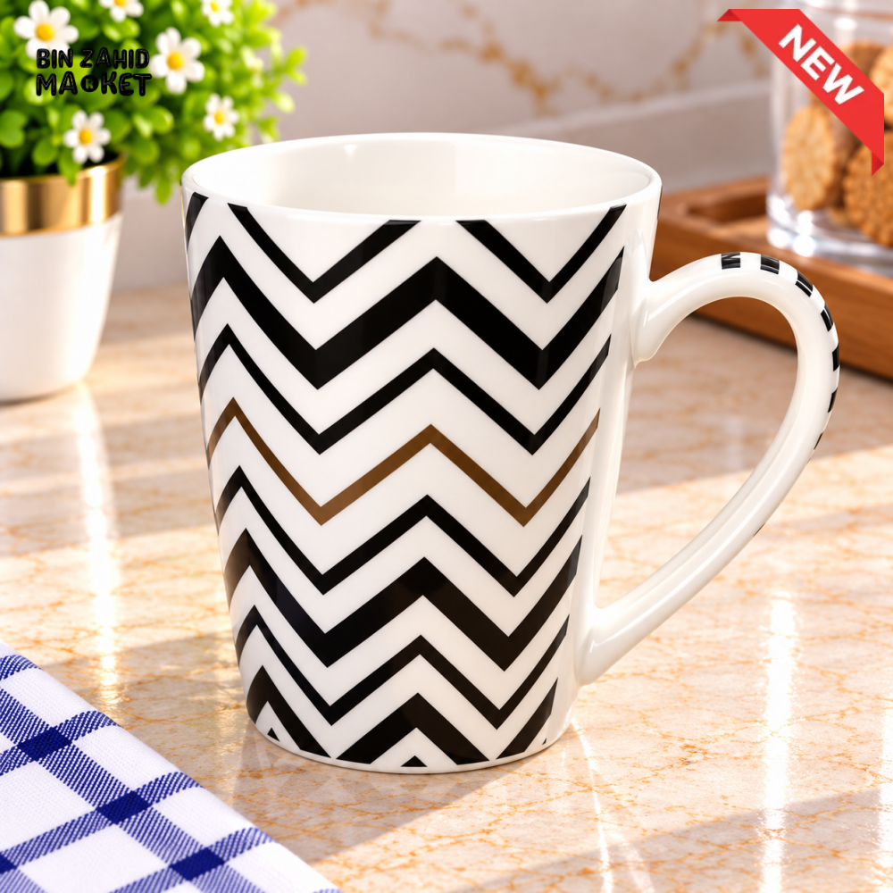 CERAMIC COFFEE MUG WITH BLACK CHEVRON PATTERN - Mugs
