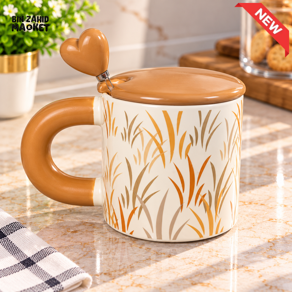 CERAMIC COFFEE MUG WITH LID AND HEART SHAPED SPOON - Mugs