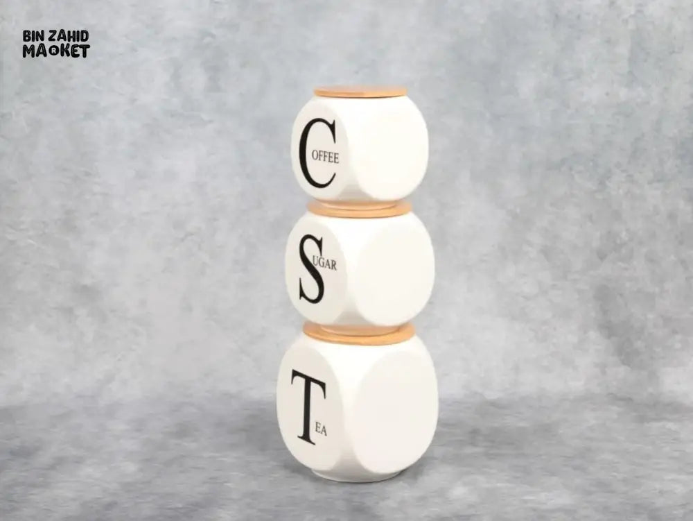 CERAMIC COFFEE SUGAR TEA STORAGE JAR SET WITH BAMBOO LIDS – KITCHEN CANISTER SET WITH WOODEN TRAY