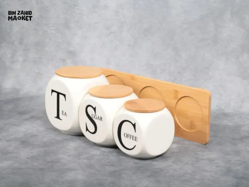 CERAMIC COFFEE SUGAR TEA STORAGE JAR SET WITH BAMBOO LIDS – KITCHEN CANISTER SET WITH WOODEN TRAY