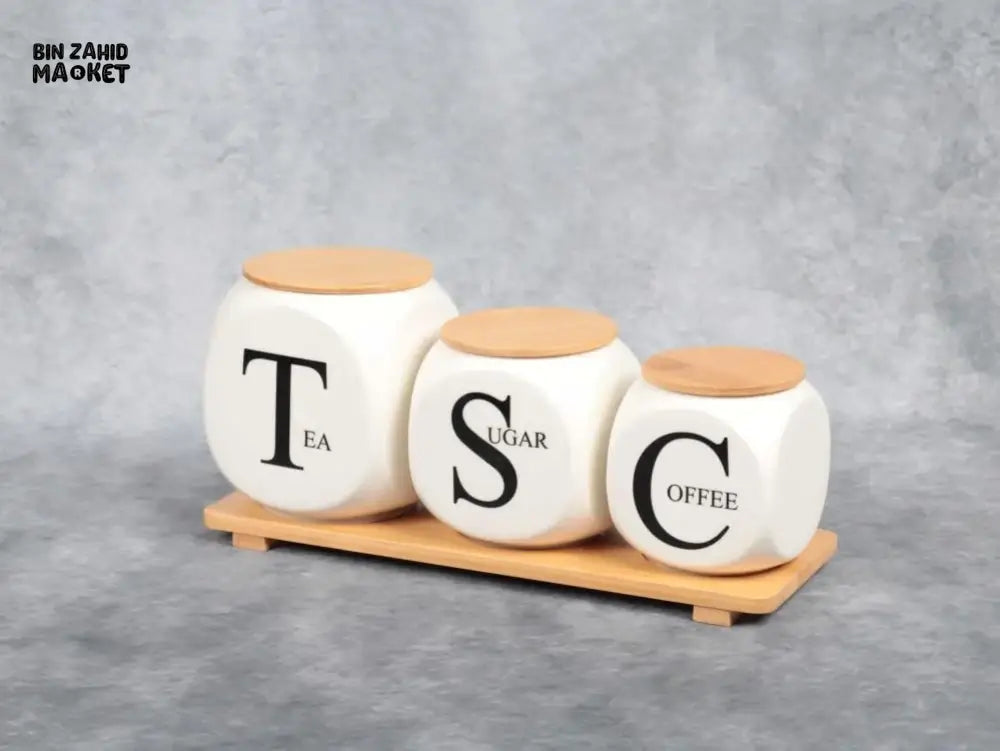 CERAMIC COFFEE SUGAR TEA STORAGE JAR SET WITH BAMBOO LIDS – KITCHEN CANISTER SET WITH WOODEN TRAY