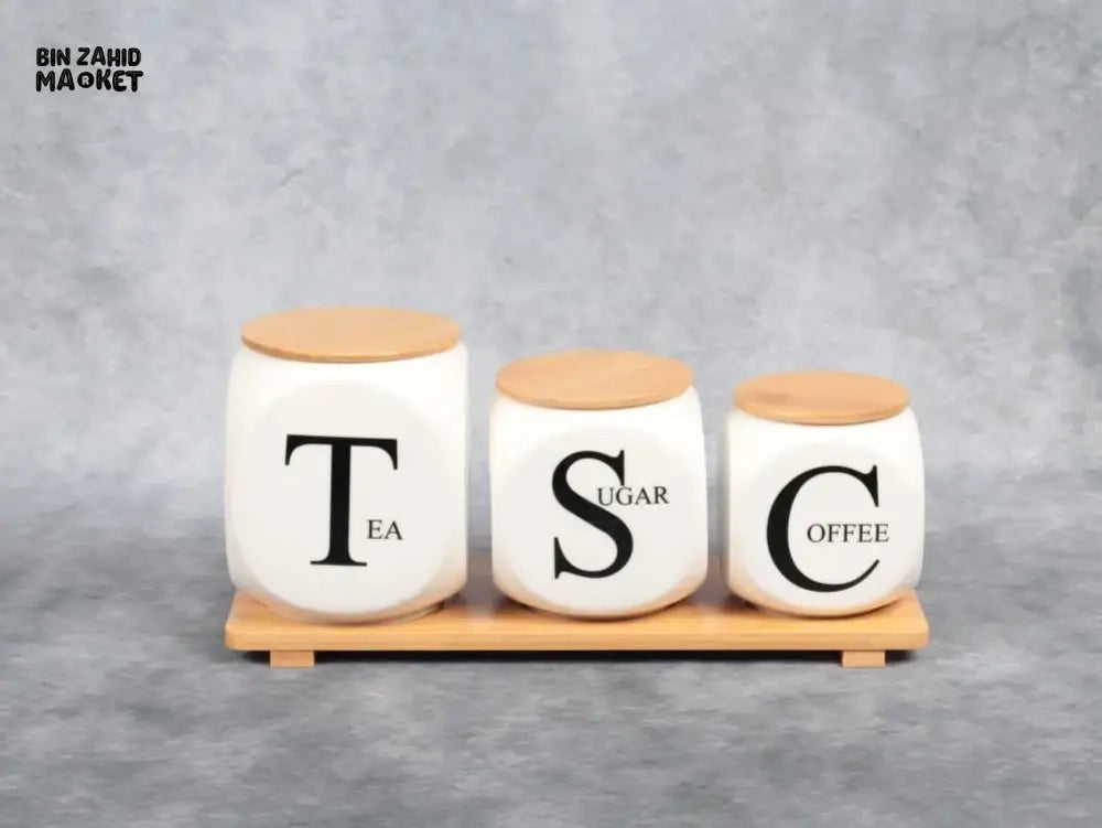 CERAMIC COFFEE SUGAR TEA STORAGE JAR SET WITH BAMBOO LIDS – KITCHEN CANISTER SET WITH WOODEN TRAY
