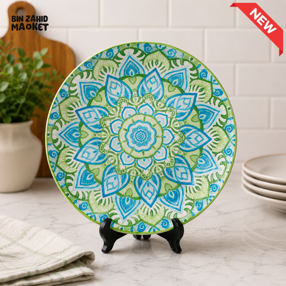 CERAMIC DINNER PLATE – BLUE & GREEN MANDALA DESIGN -10 INCH