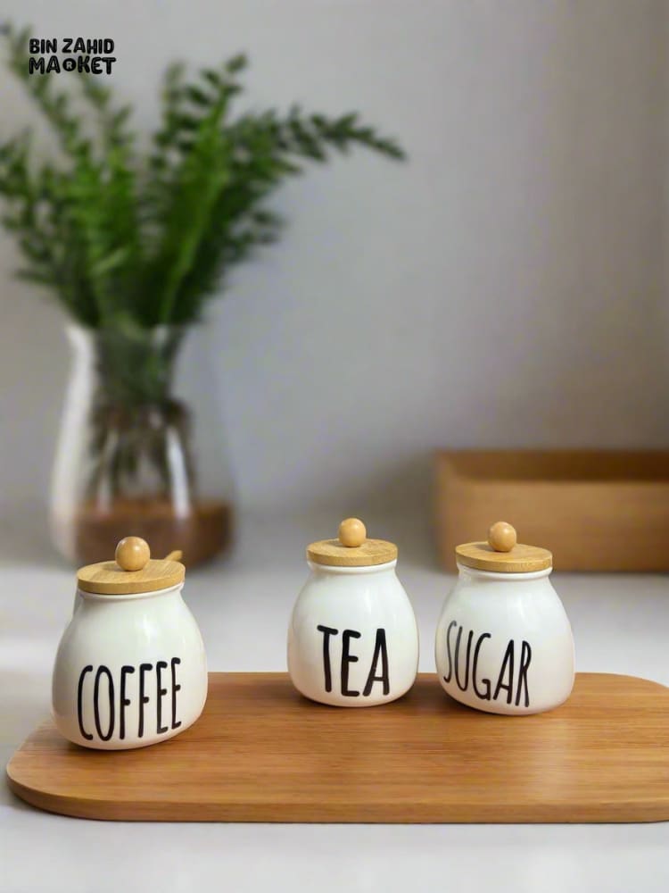 CERAMIC JAR SET – COFFEE TEA & SUGAR CONTAINERS WITH BAMBOO LIDS PERFECT FOR KITCHEN COUNTER ORGANIZATION SET OF 3
