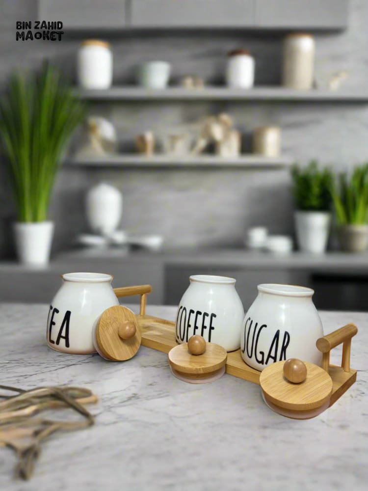 CERAMIC JAR SET – COFFEE TEA & SUGAR CONTAINERS WITH BAMBOO LIDS PERFECT FOR KITCHEN COUNTER ORGANIZATION SET OF 3