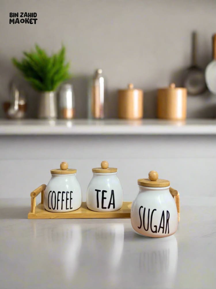 CERAMIC JAR SET – COFFEE TEA & SUGAR CONTAINERS WITH BAMBOO LIDS PERFECT FOR KITCHEN COUNTER ORGANIZATION SET OF 3