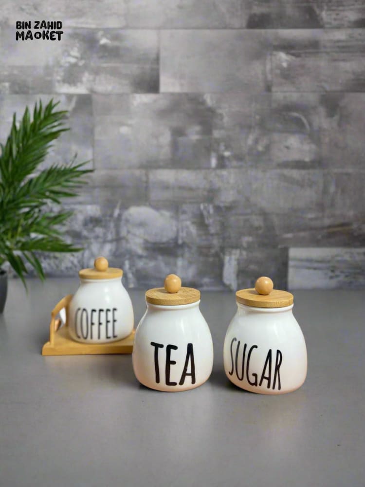CERAMIC JAR SET – COFFEE TEA & SUGAR CONTAINERS WITH BAMBOO LIDS PERFECT FOR KITCHEN COUNTER ORGANIZATION SET OF 3