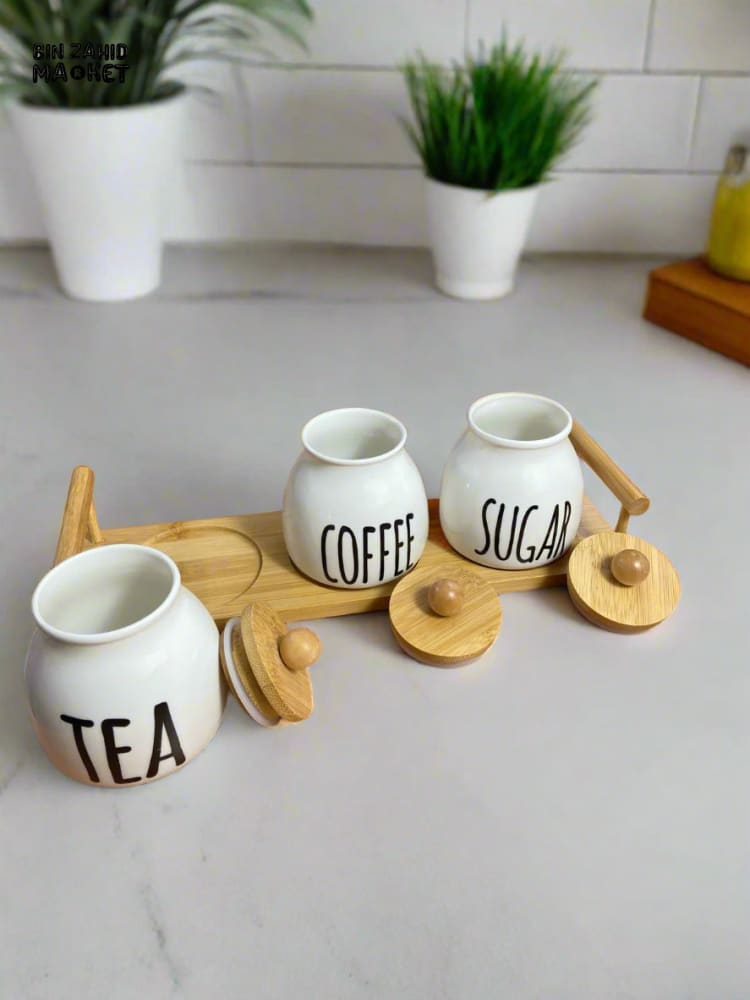 CERAMIC JAR SET – COFFEE TEA & SUGAR CONTAINERS WITH BAMBOO LIDS PERFECT FOR KITCHEN COUNTER ORGANIZATION SET OF 3