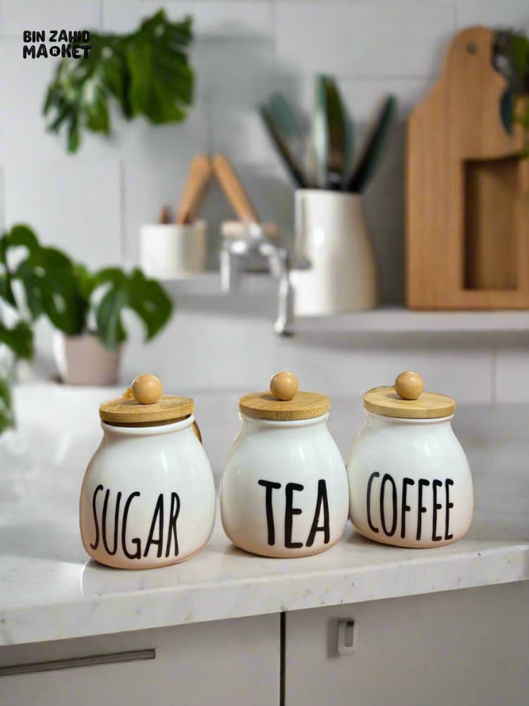 CERAMIC JAR SET – COFFEE TEA & SUGAR CONTAINERS WITH BAMBOO LIDS PERFECT FOR KITCHEN COUNTER ORGANIZATION SET OF 3