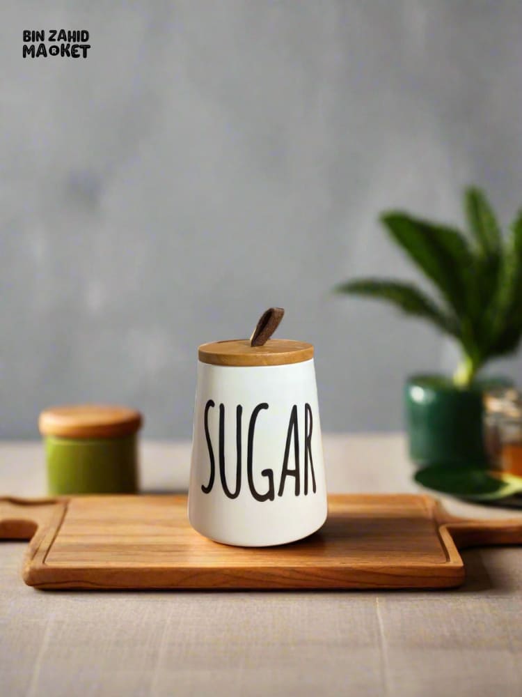 CERAMIC JAR SET – SUGAR COFFEE & TEA WITH WOODEN LIDS & TRAY 3 PIECES SET