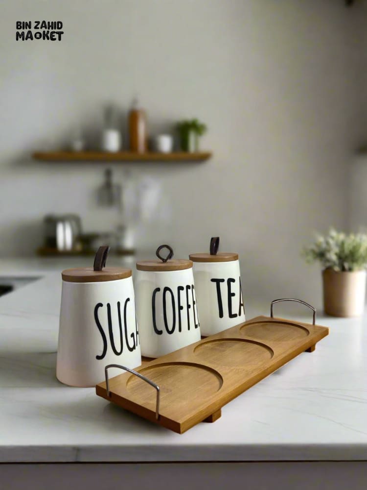 CERAMIC JAR SET – SUGAR COFFEE & TEA WITH WOODEN LIDS & TRAY 3 PIECES SET