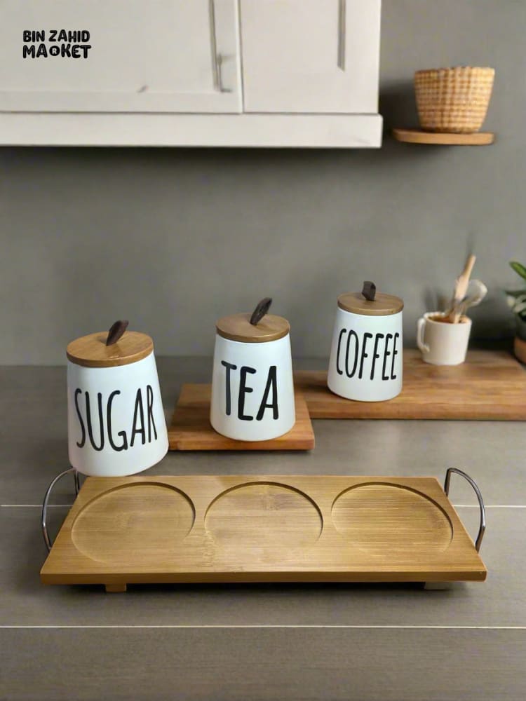 CERAMIC JAR SET – SUGAR COFFEE & TEA WITH WOODEN LIDS & TRAY 3 PIECES SET