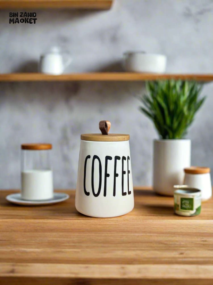CERAMIC JAR SET – SUGAR COFFEE & TEA WITH WOODEN LIDS & TRAY 3 PIECES SET
