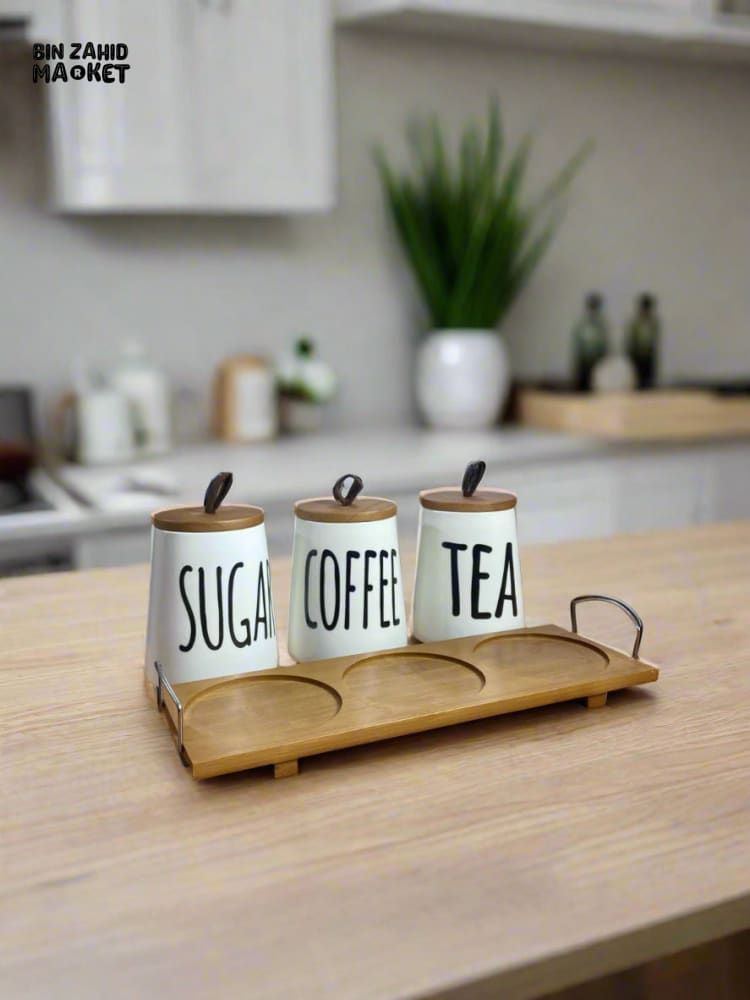 CERAMIC JAR SET – SUGAR COFFEE & TEA WITH WOODEN LIDS & TRAY 3 PIECES SET