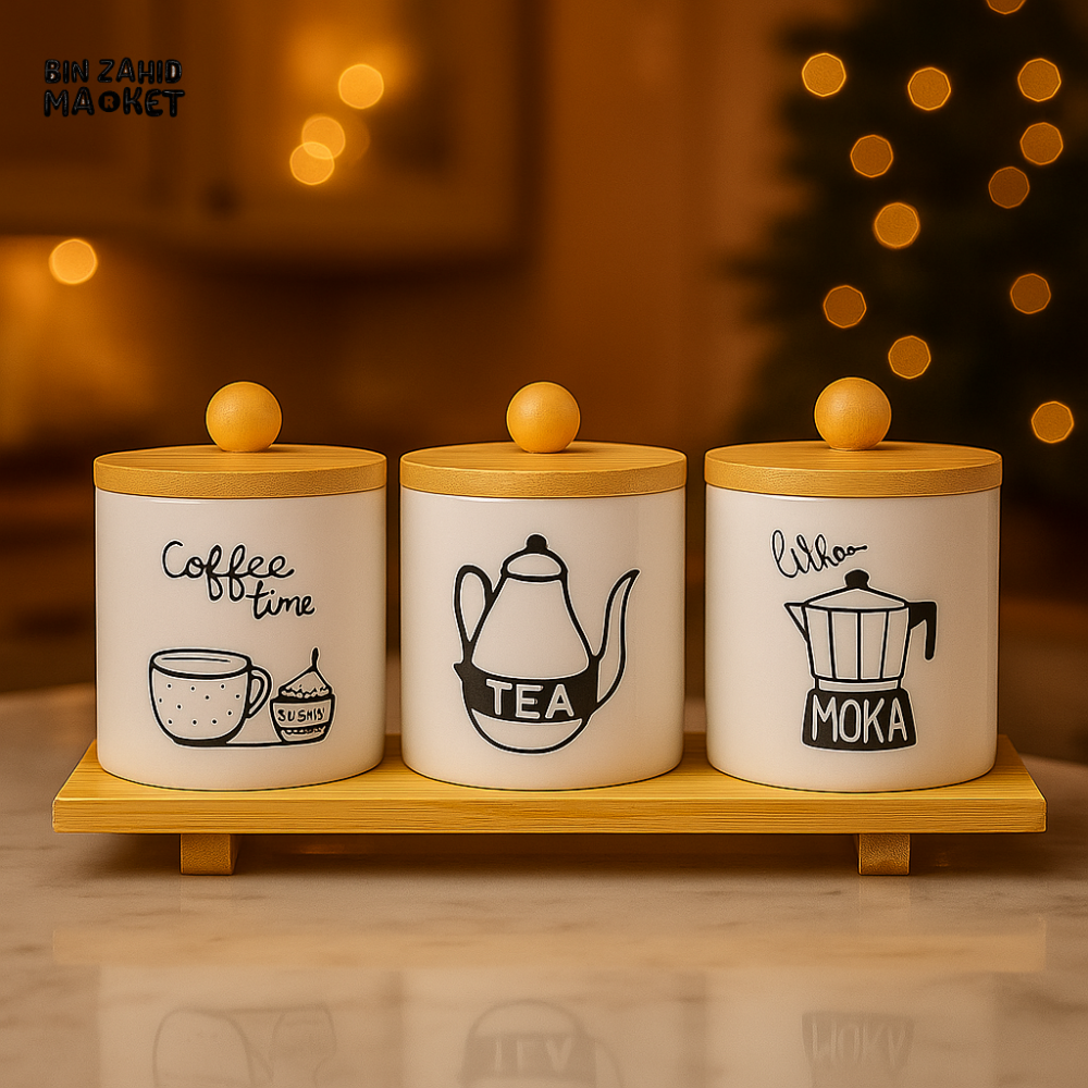CERAMIC JAR SET WITH BAMBOO LIDS & TRAY – 3-PIECE COFFEE TEA & SUGAR C