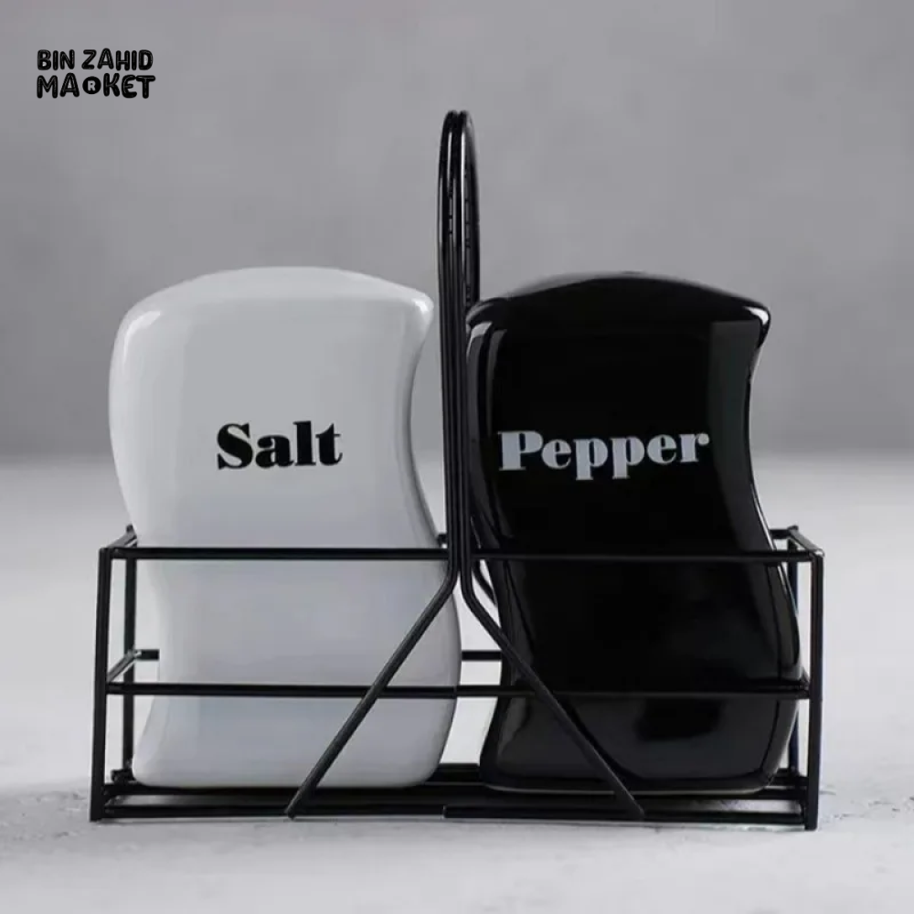 CERAMIC SALT & PEPPER SHAKER SET WITH IRON FRAME – KITCHEN DECOR & SPICE ORGANIZER