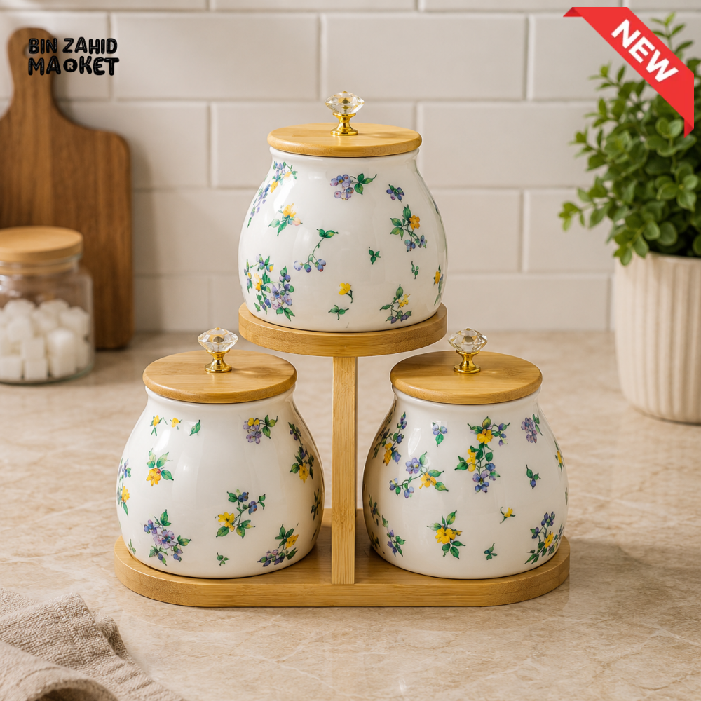 CERAMIC STORAGE JAR SET WITH BAMBOO STAND - 3 PIECE