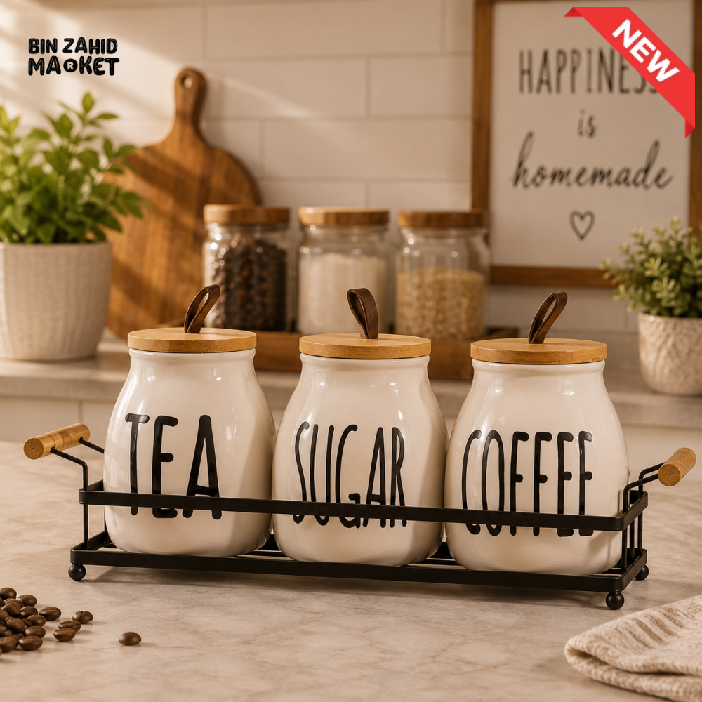 CERAMIC TEA SUGAR & COFFEE STORAGE CANISTER SET WITH METAL RACK
