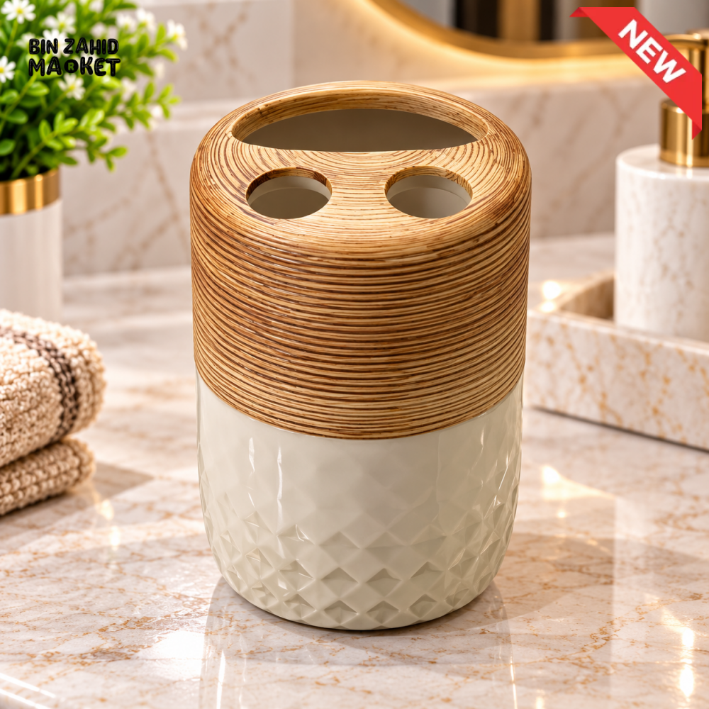CERAMIC TOOTHBRUSH HOLDER WITH WOODEN DESIGN TOP - Toothbrush Holders