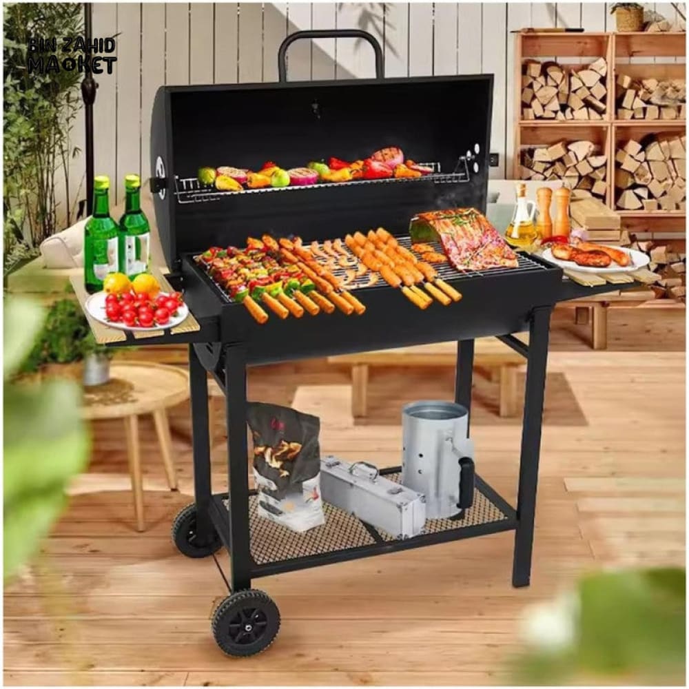 CHARCOAL DRUM BBQ GRILL WITH SIDE TABLES & WHEELS