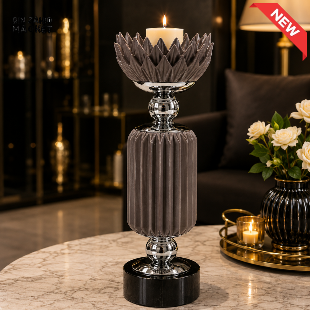 CHARCOAL GREY AND SILVER LUXURY DECORATIVE CANDLE HOLDER