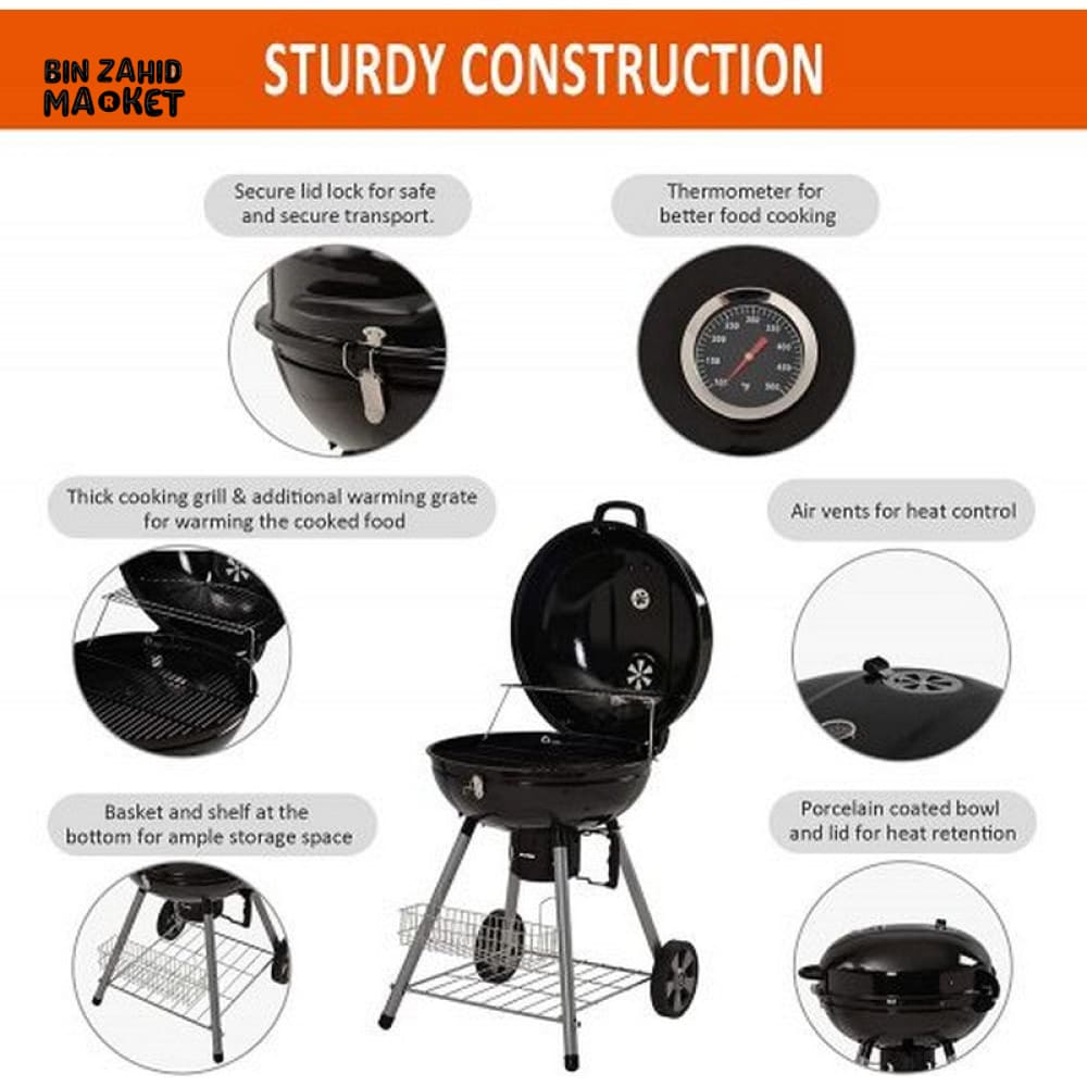CHARCOAL KETTLE BBQ GRILL 22.5 INCH WITH LID PORTABLE OUTDOOR BBQ GRILL FOR PICNIC CAMPING TERRACE GARDEN