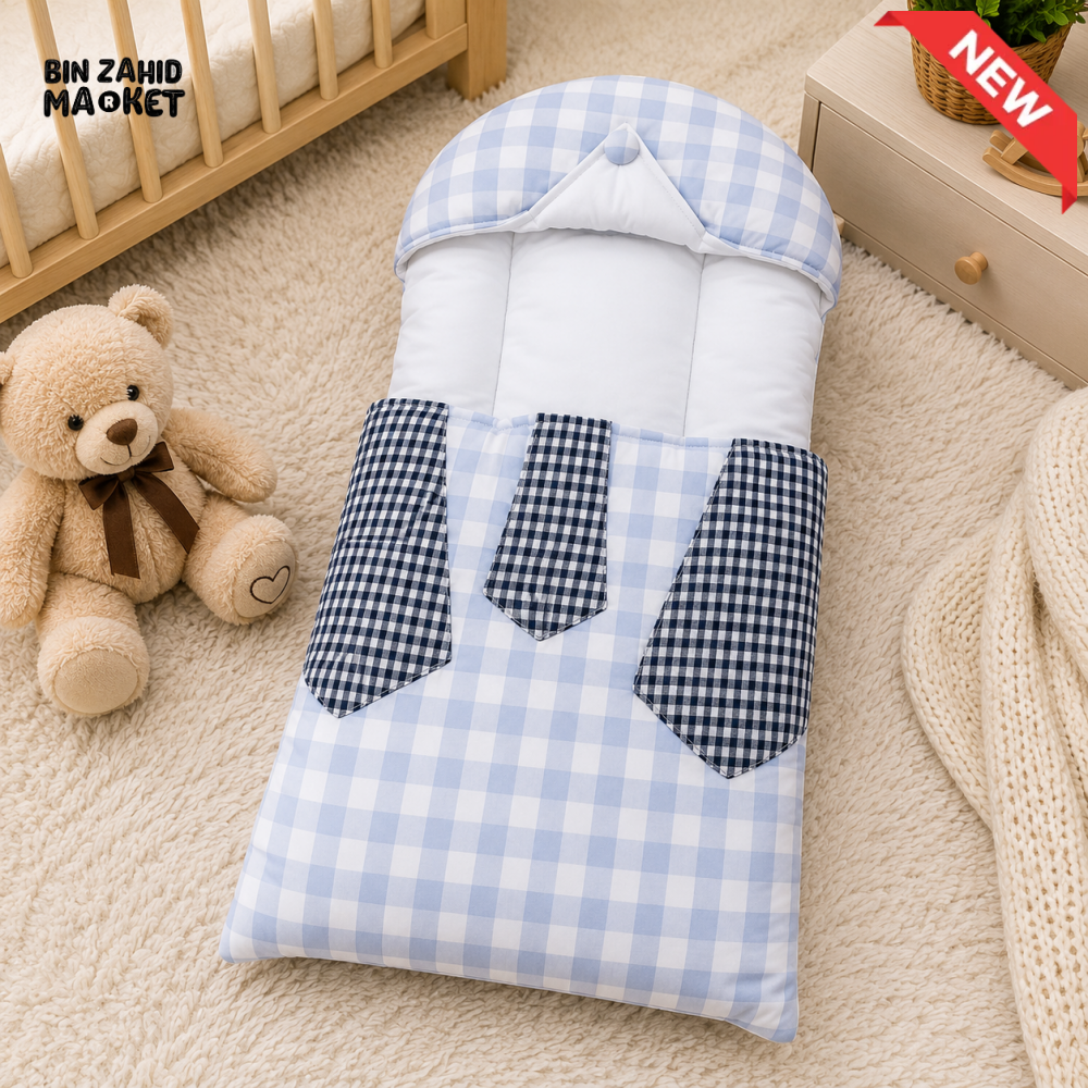 CHECKERED COTTON POLYESTER BABY CARRY NEST WITH SHIRT DESIGN - GREY