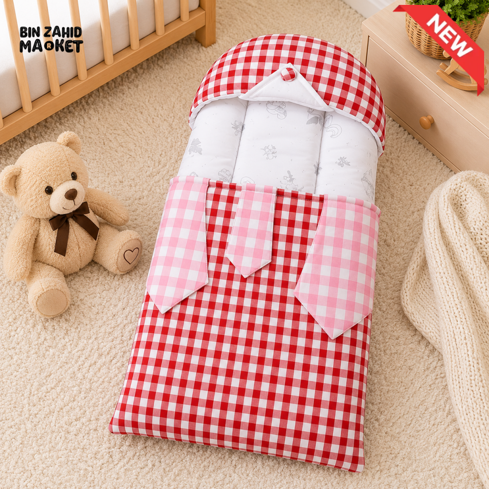 CHECKERED COTTON POLYESTER BABY CARRY NEST WITH SHIRT DESIGN - RED