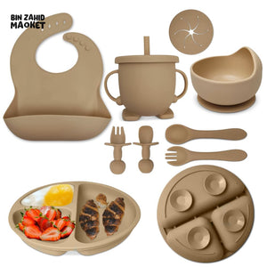CHILDSHOPPE SILICONE BABY 8IN1 TABLEWARE FEEDING SET BROWN