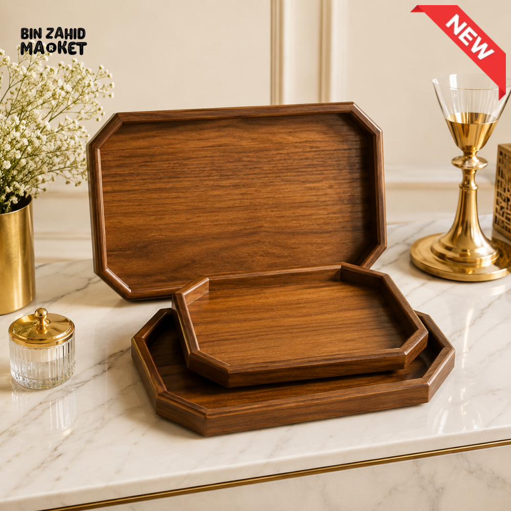 CLASSIC WALNUT WOOD SERVING TRAY SET – 3 PIECES
