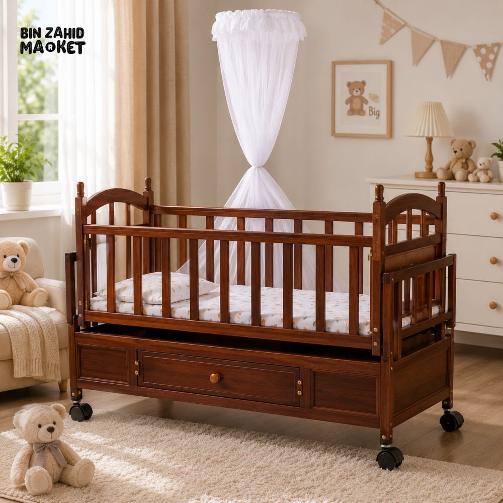 CLASSIC WOODEN BABY CRIB WITH STORAGE DRAWER