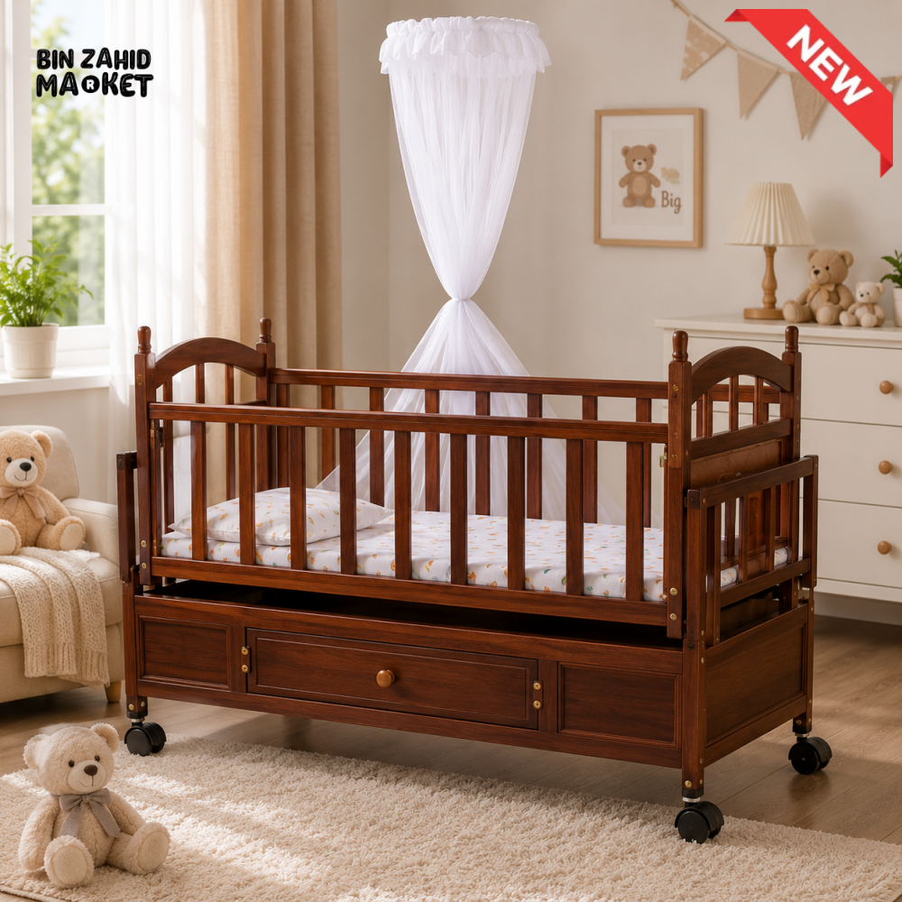 CLASSIC WOODEN BABY CRIB WITH STORAGE DRAWER