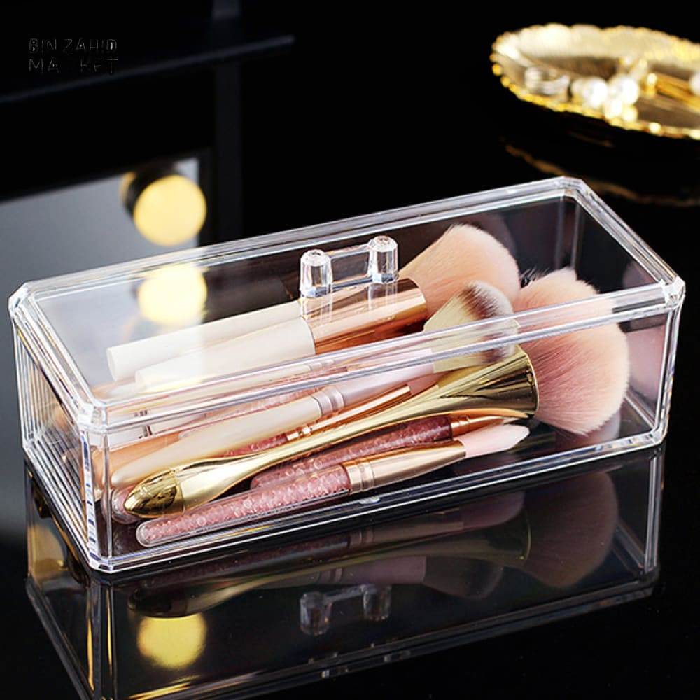 CLEAR ACRYLIC MAKEUP ORGANIZER – LIPSTICK HOLDER COTTON SWAB BOX COSMETIC STORAGE BRUSH & JEWELRY CADDY