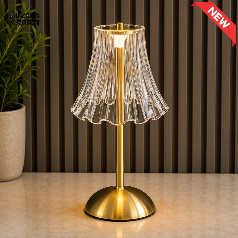 CLEAR FLUTED SHADE LED TABLE LAMP WITH GOLDEN BASE