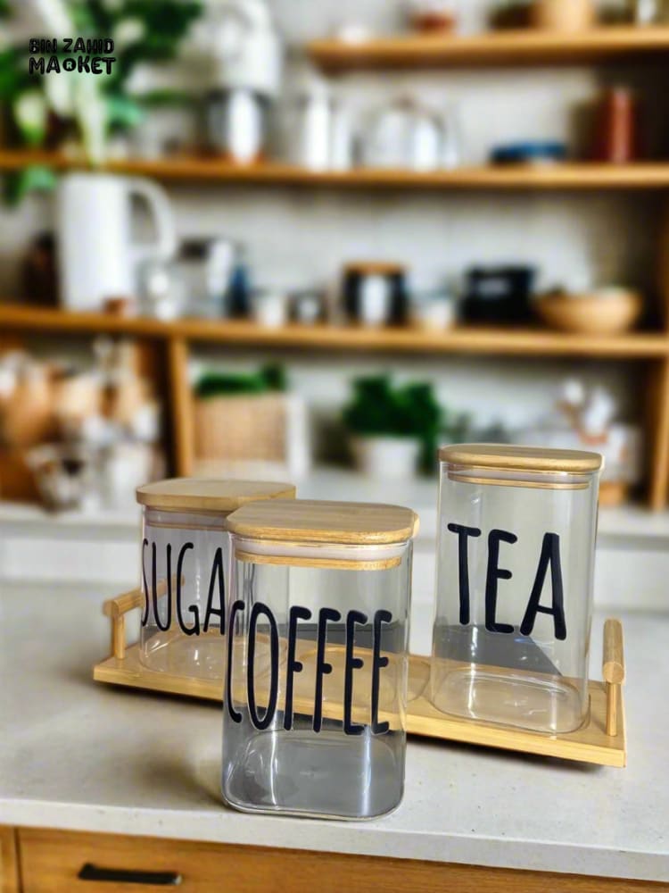 CLEAR GLASS JARS WITH BAMBOO LIDS LABELED FOR TEA SUGAR AND COFFEE — PERFECT FOR AN ORGANIZED AND MODERN KITCHEN LOOK - RECTANGLE SHAPE