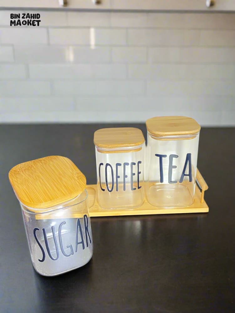 CLEAR GLASS JARS WITH BAMBOO LIDS LABELED FOR TEA SUGAR AND COFFEE — PERFECT FOR AN ORGANIZED AND MODERN KITCHEN LOOK - RECTANGLE SHAPE