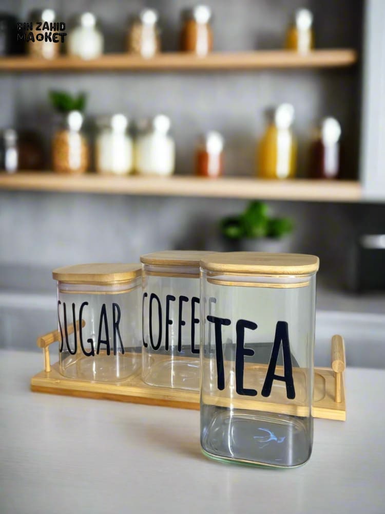 CLEAR GLASS JARS WITH BAMBOO LIDS LABELED FOR TEA SUGAR AND COFFEE — PERFECT FOR AN ORGANIZED AND MODERN KITCHEN LOOK - RECTANGLE SHAPE
